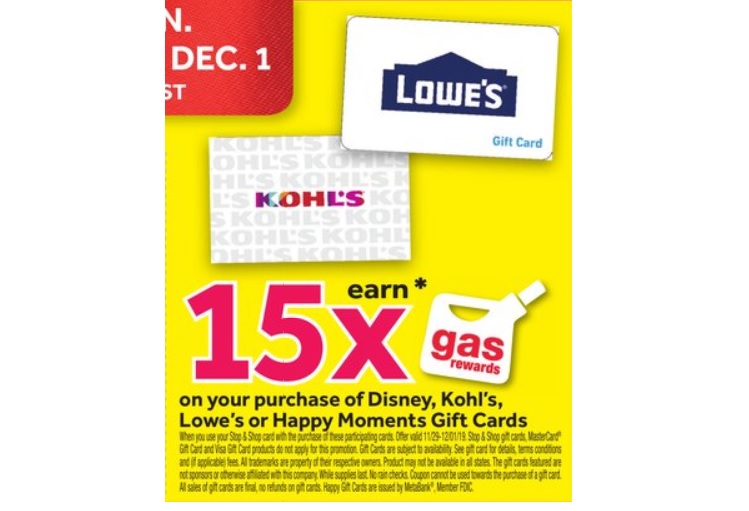 Expired Stop Shop Earn 15x Gas Rewards Points On Lowe S Disney Kohl S Happy Moments Gift Cards 11 29 12 01 Only Gc Galore