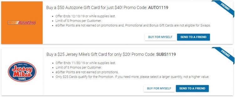 Expired Egifter Save 20 On Autozone Jersey Mike S Gift Cards