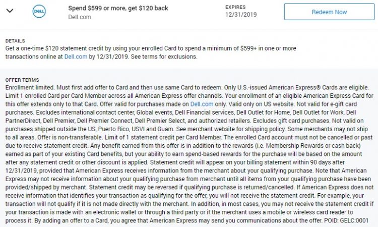 Dell Amex Offer Spend $599 Get $120
