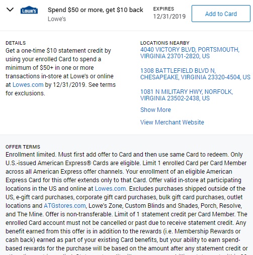 Lowe's Amex Offer Spend $50 Get $10 Back