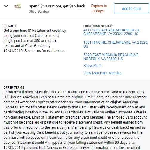 Expired Olive Garden Amex Offer Spend 50 Get 15 1 500