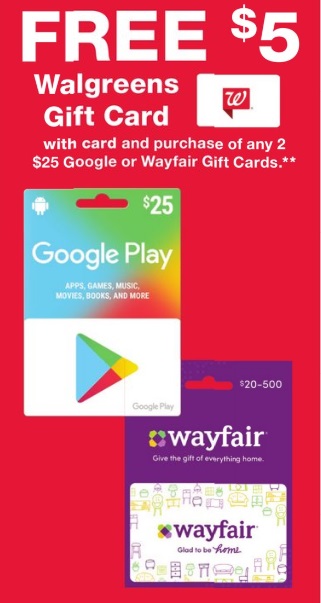 Walgreens Buy 2x 25 Google Play Or Wayfair Gift Cards - walgreens roblox