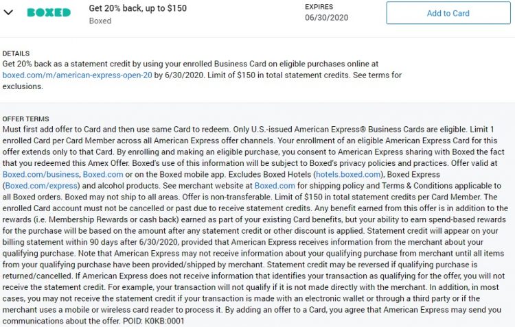 Boxed Amex Offer 20% Cashback Limit $150
