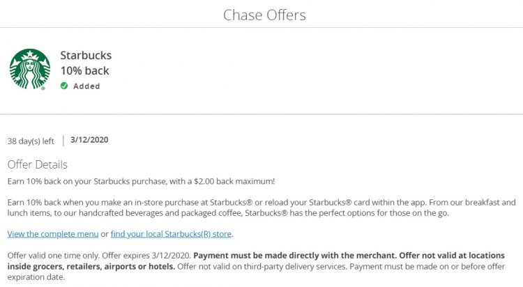 SBUX Chase Offer 02.03.20