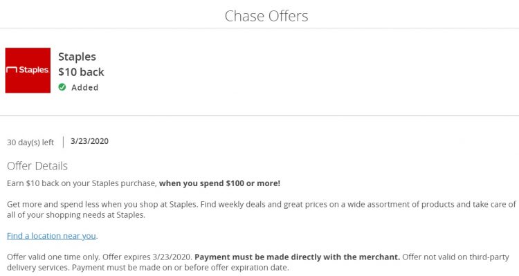 Staples Chase Offer Biz Cards $10 Back Limit $10