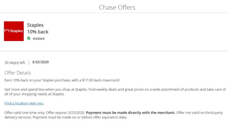 Staples Chase Offer Biz Cards 10% Back Limit $17
