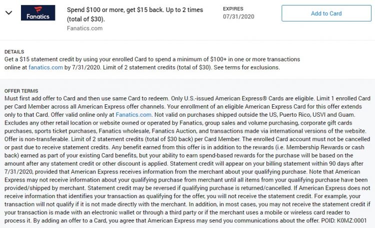 Fanatics Amex Offer Spend $100 Get $15