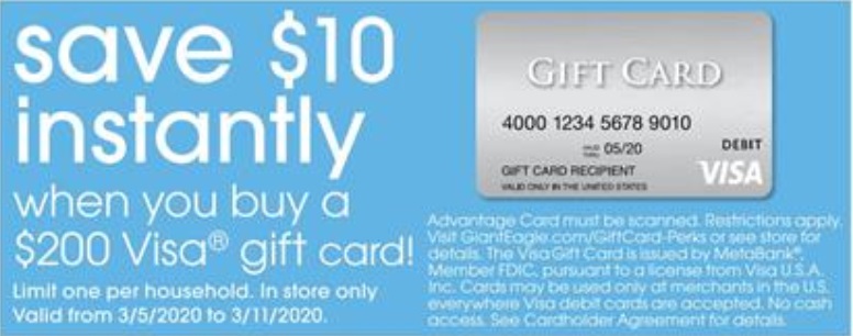 Expired Giant Eagle Save 10 When Buying 200 Visa Gift Card Limit 1 In Store Only Gc Galore