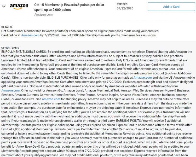 Amazon Amex Offer 5x Limit 2,000 Points