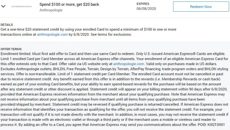 Anthropologie Amex Offer Spend $100 & Get $20 Back