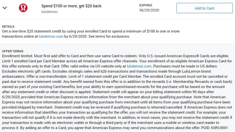 Lululemon Amex Offer Spend $100 & Get $20 Back