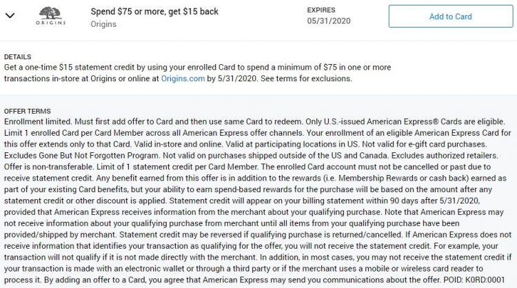 Origins Amex Offer Spend $75 & Get $15