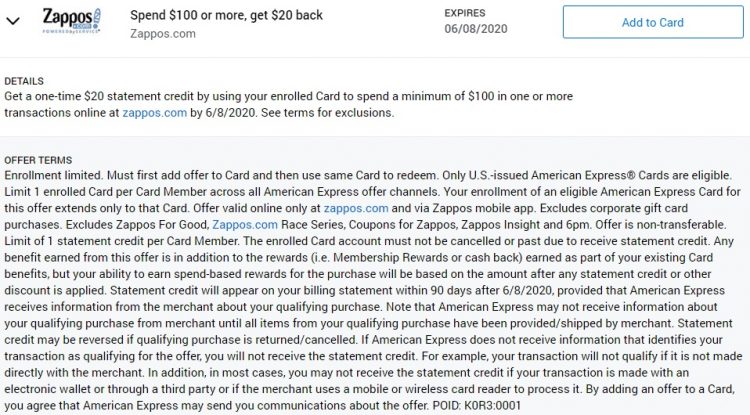 Zappos Amex Offer Spend $100 & Get $20 Back