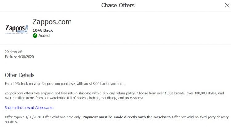 Zappos Chase Offer 04.01.20