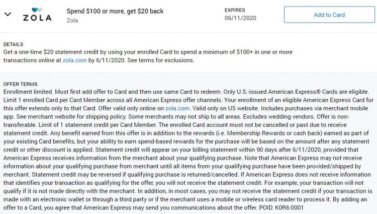 Expired Zola Amex Offer Spend 100 Get 20 Back Buy Gift