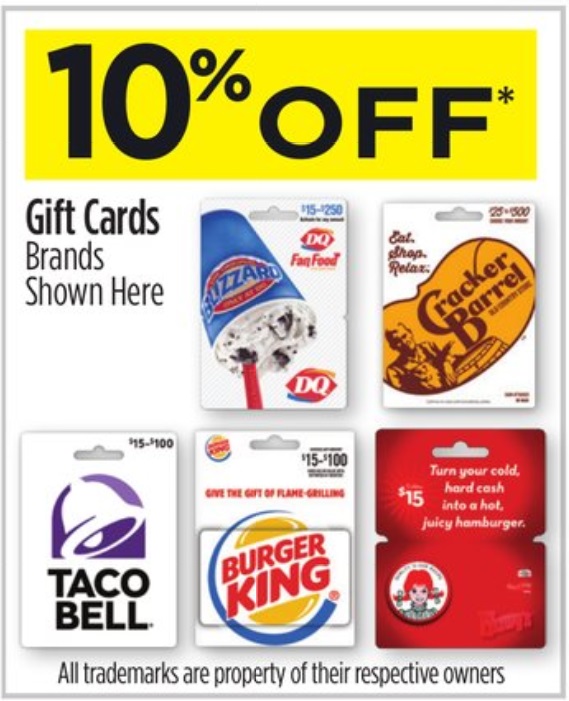 Expired Dollar General Save 10 On Select Restaurant Gift Cards Wendy S Taco Bell Burger King Cracker Barrel Dairy Queen Gc Galore - roblox gift cards free online where can i buy taco bell