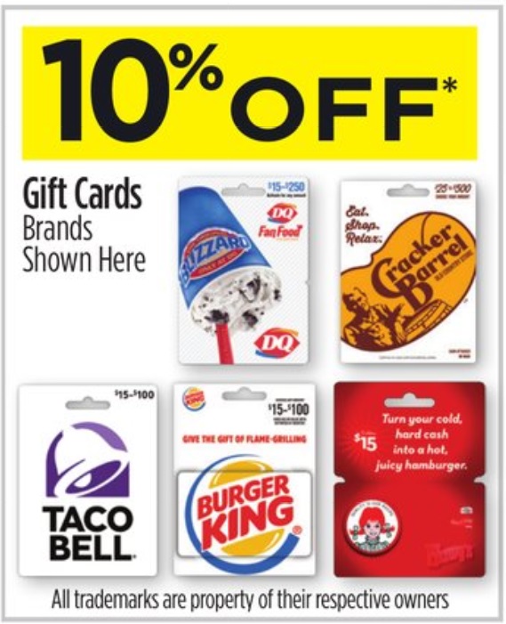 Expired Dollar General Save 10 On Select Restaurant Gift Cards Wendy S Taco Bell Burger King Cracker Barrel Dairy Queen Gc Galore - dollar general roblox card