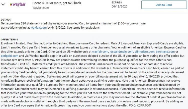 Wayfair Amex Offer Spend $100 & Get $20 Back