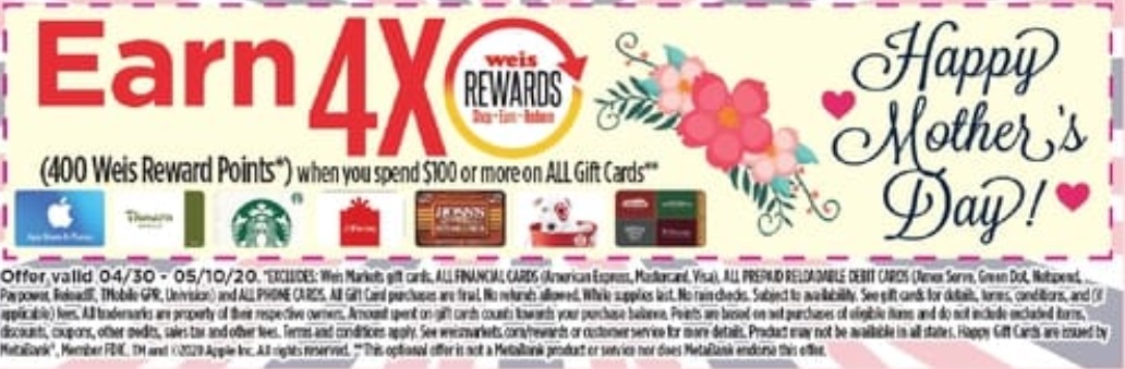 Expired Weis Markets Earn 4x Reward Points When Spending 100 On All 3rd Party Gift Cards Gc Galore - all rewards for roblox pizza party event