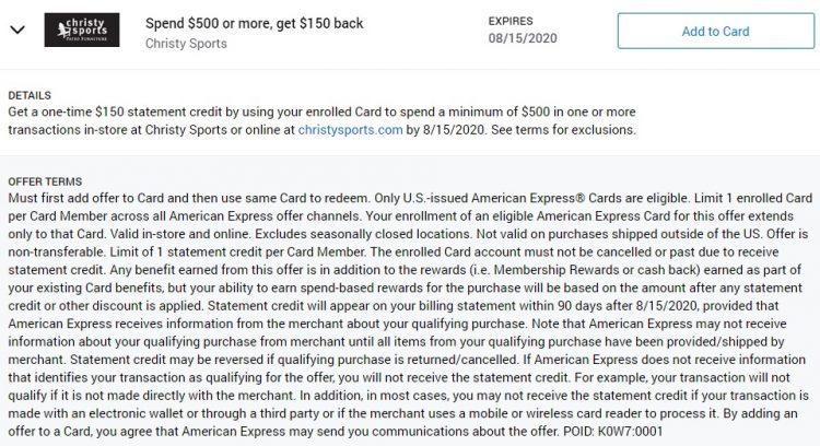 Christy Sports Amex Offer Spend $500 & Get $150 Back
