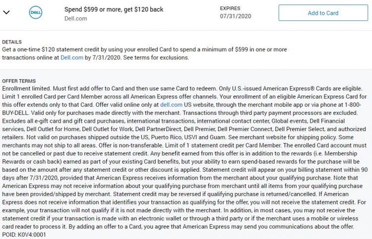 Dell Amex Offer Spend $599 & Get $120 Back