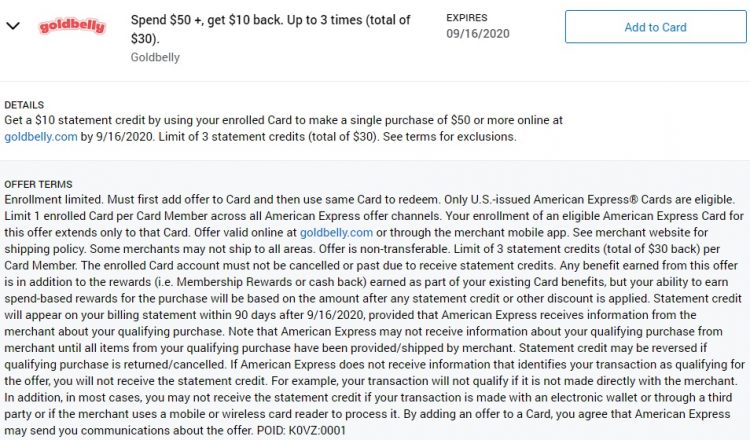 Goldbelly Amex Offer Spend $50 & Get $10 Back