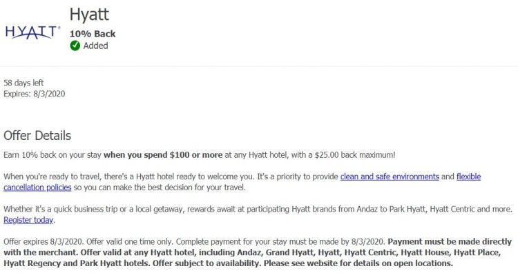 Hyatt Chase Offer 10% Back Max $250 Spend