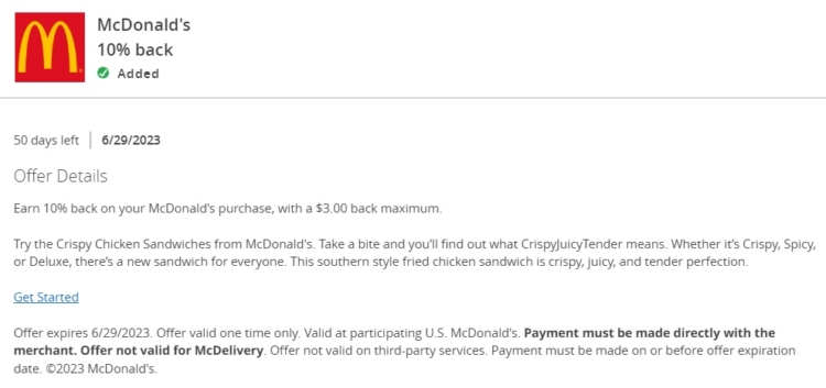 McDonald's Chase Offer 10% back $30 spend