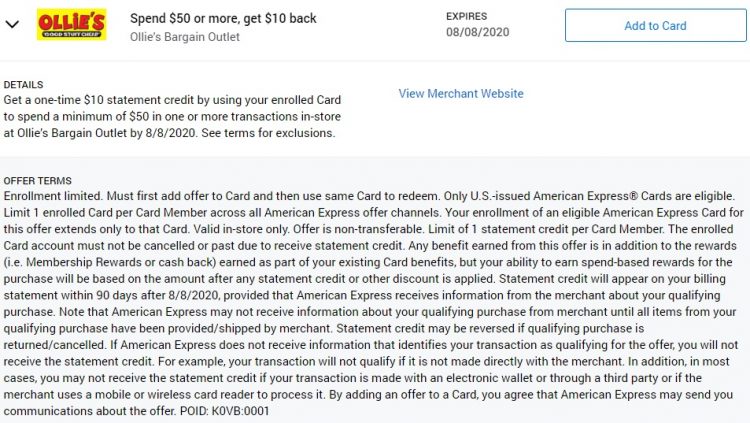 Ollie's Bargain Outlet Amex Offer Spend $50 & Get $10 Back