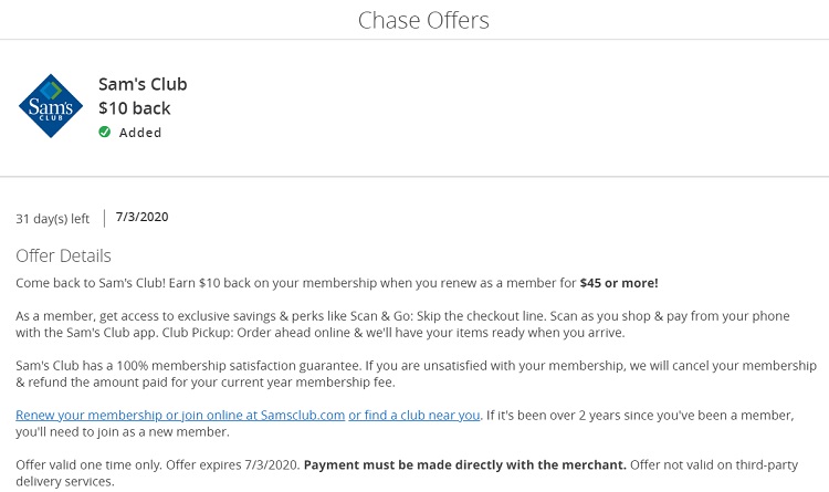 Sam's Club Membership Chase Offer
