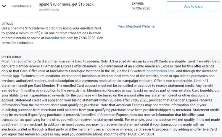 bareMinerals Amex Offer Spend $70 & Get $15 Back