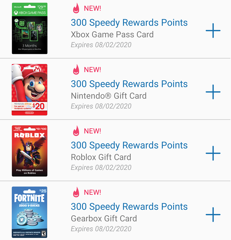 Expired Speedway App Earn 300 Points On Select Gaming Gift Cards Nintendo Xbox Game Pass Roblox Fortnite Gc Galore - roblox card microsoft points