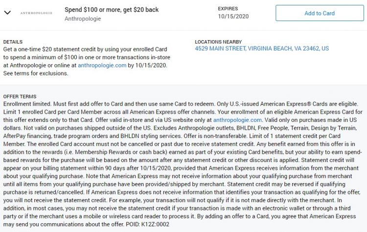 Anthropologie Amex Offer Spend $100 & Get $20 Back 08.14.20