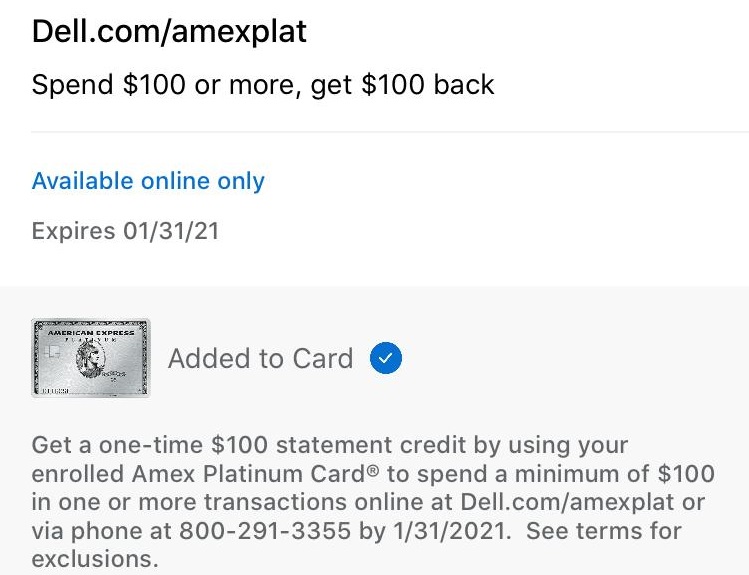 Dell Amex Offer $100 Credit