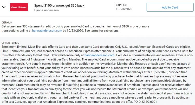 Hanna Andersson Amex Offer Spend $100 Get $30 Back