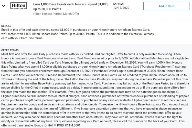 Hilton Honors Perfect Match Offer Amex Offer Spend $1,000 & Get 1,000 Base Points