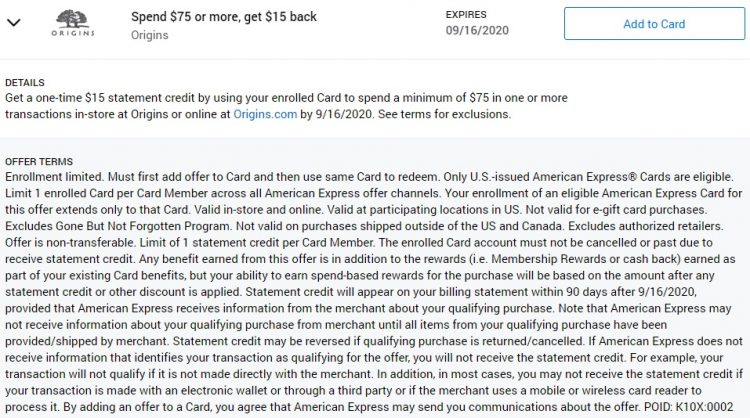 Origins Amex Offer Spend $75 & Get $15 Back 08.03.20