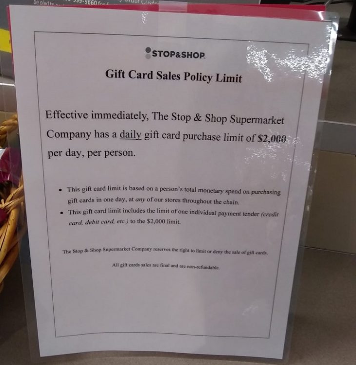 Stop & Shop Gift Card Limits $2,000 Per Person Per Day