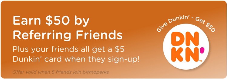 Bitmo Refer Friends Who Get 5 Dunkin Donuts Gift Card You Get Any 50 Gift Card After 5 Referrals Gc Galore - dunkin donuts official group roblox