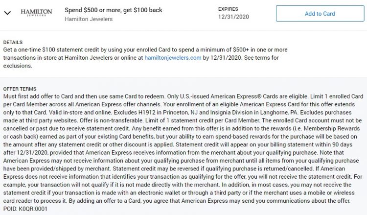 Hamilton Jewelers Amex Offer Spend $500 & Get $100 Back