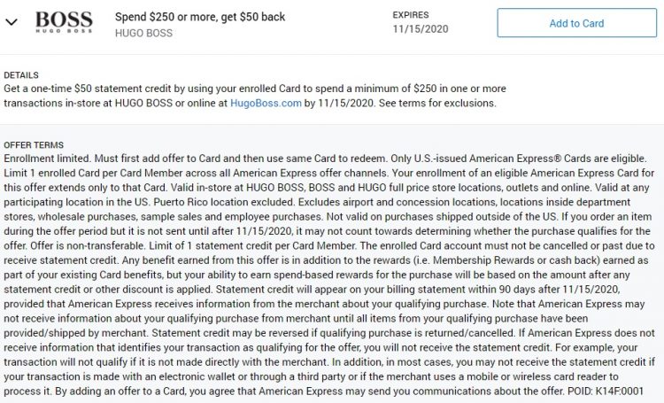 Hugo Boss Amex Offer Spend $250 Get $50 Back