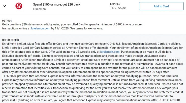 Lululemon Amex Offer Spend $100 & Get $20 Back