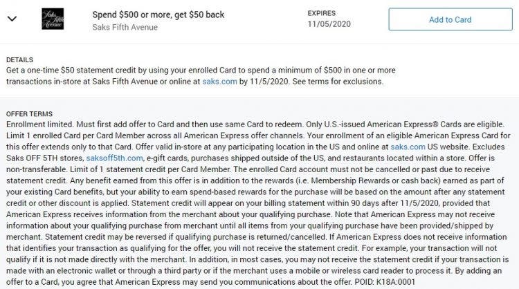 Saks Fifth Avenue Amex Offer Spend $500 & Get $50 Back