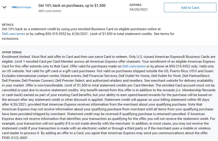 Dell Amex Offer 10% Back $15,000 Spend