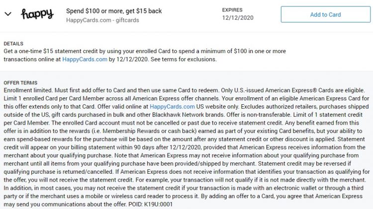 Happy Cards Amex Offer Spend $100 & Get $15 Back