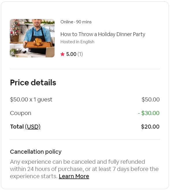 Airbnb Online Experiences - code redeemed