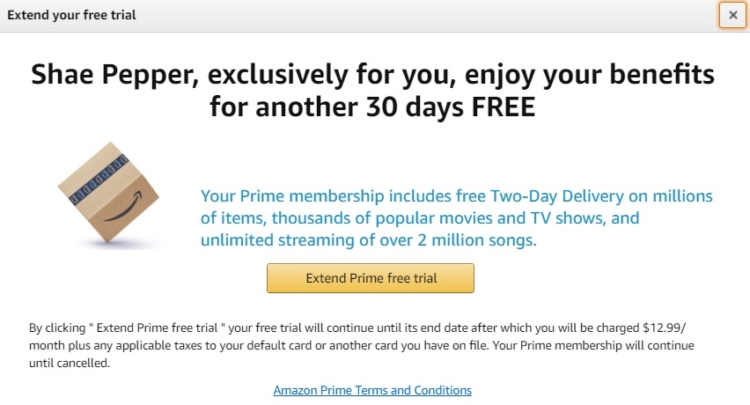 Get An Amazon Prime Trial Last Month Get Another 30 Days Free Possibly Targeted Gc Galore