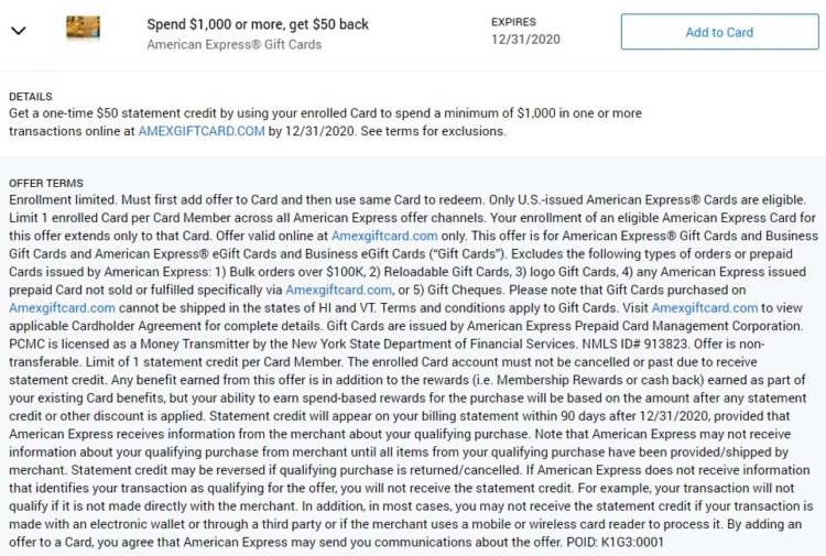 American Express Gift Card Amex Offer Spend $1,000 & Get $50 Back