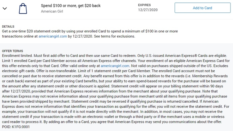 American Girl Amex Offer Spend $100 & Get $20 Back 12.27.20