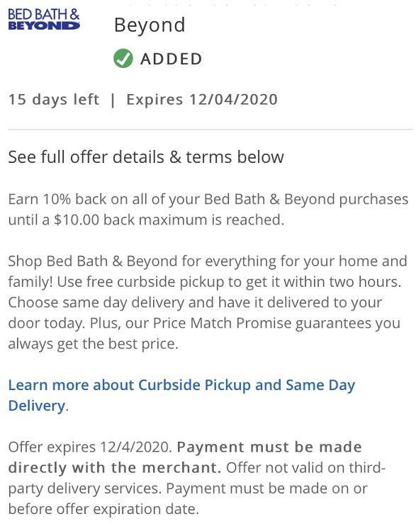 Bed Bath & Beyond Chase Offer